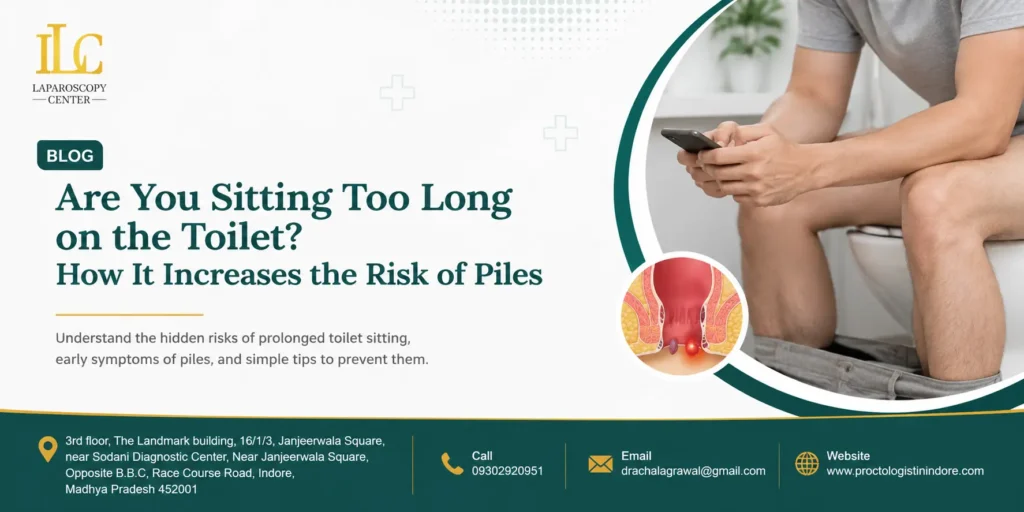 Person sitting on the toilet using a mobile phone increasing the risk of piles